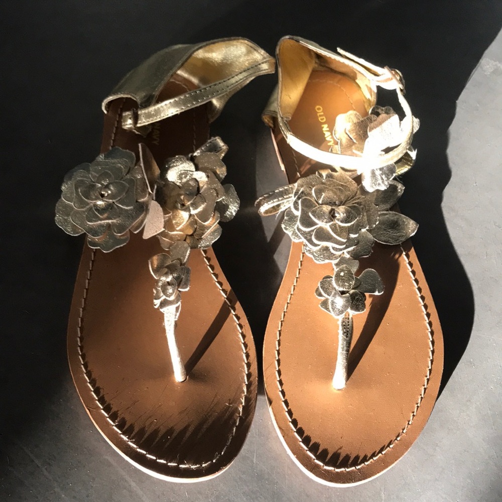 Gold Metallic Old Navy Flower T Strap Sandals